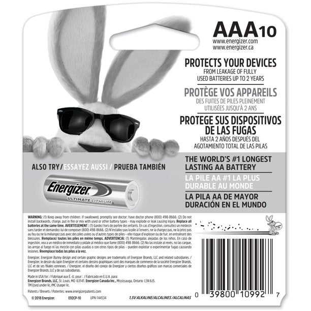 Energizer Max Alkaline AAA Batteries (10-Pack), 1.5 V - E92CP-10